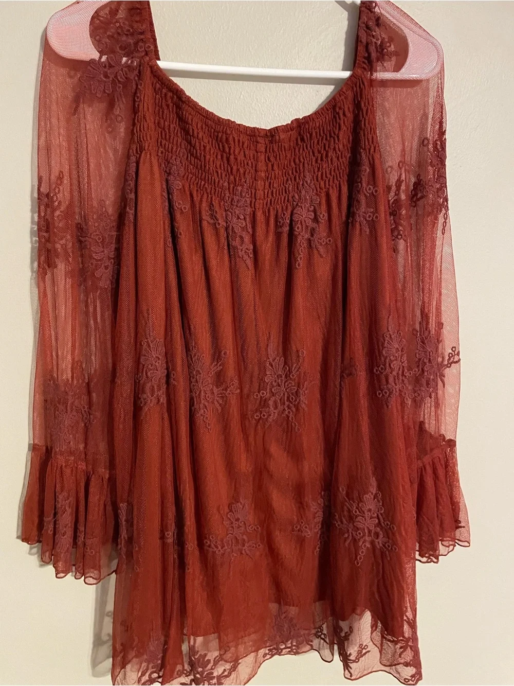 Cato Rust Sheer Embroidered Peasant Blouse